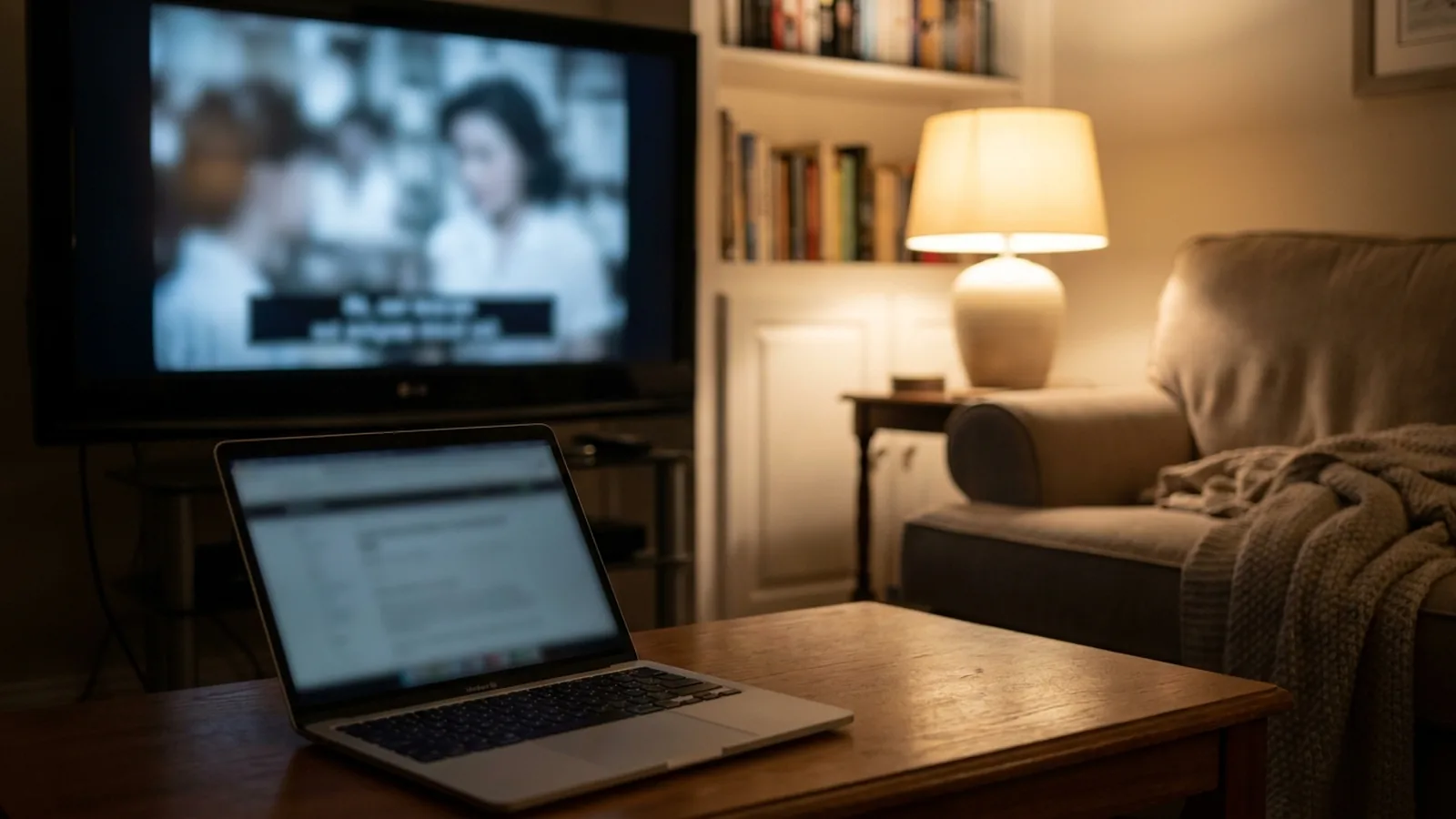 Photo of a TV with an empty caption bar, next to a MacBook and loose sheets of paper