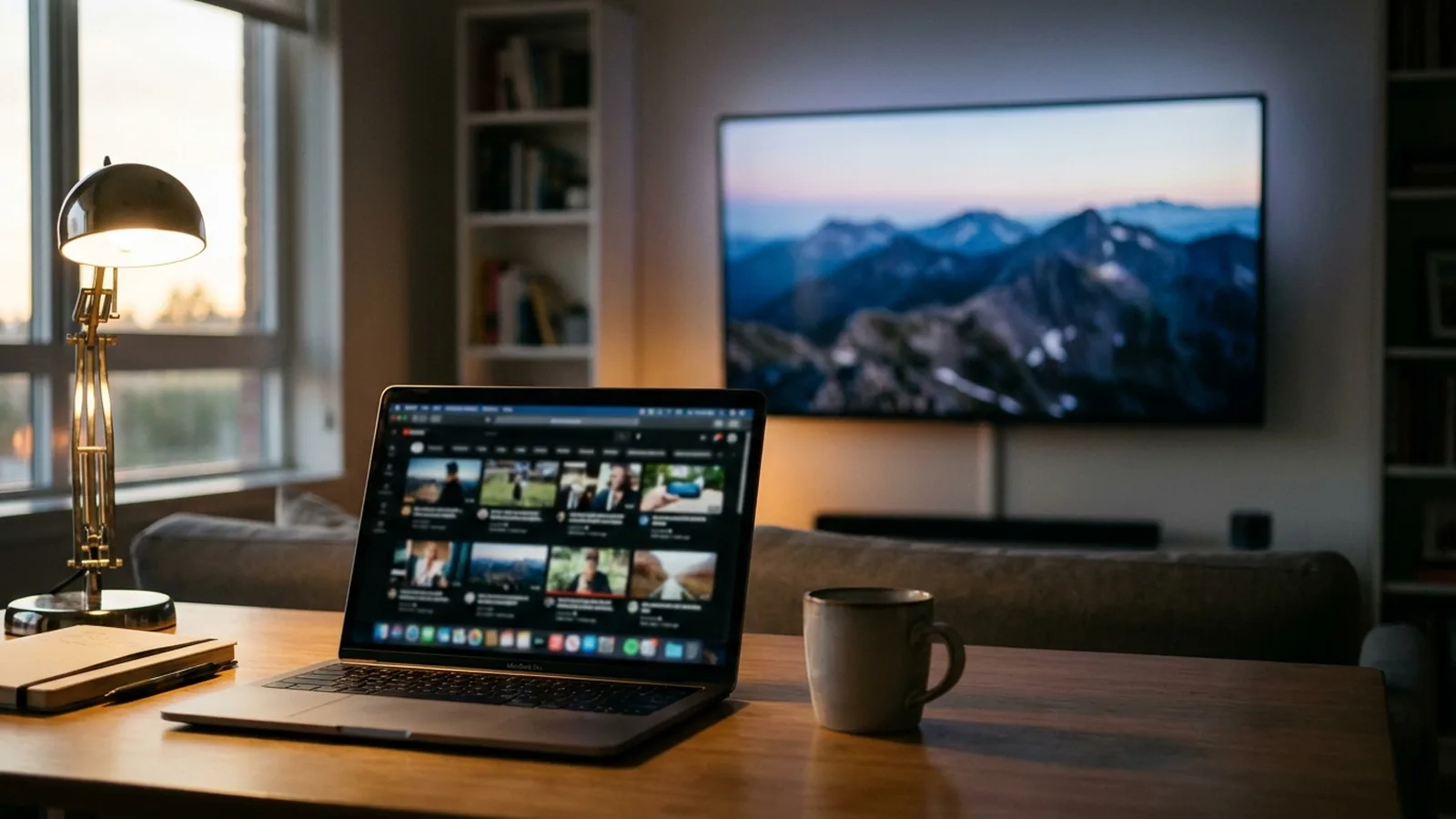 Photo of a MacBook facing a TV with one faded path and one bright connected path between them