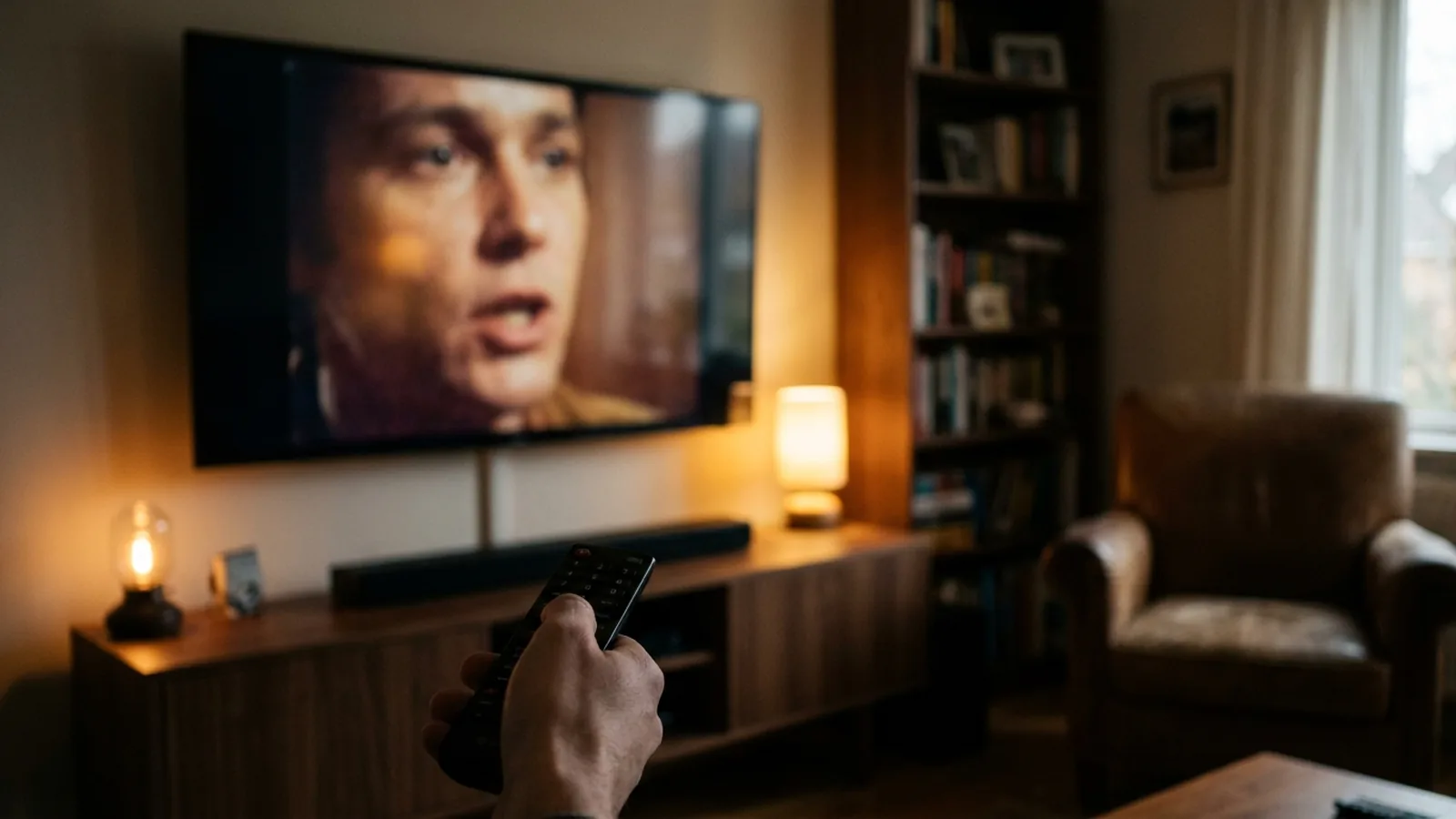 Photo of a TV and soundbar in a dim living room with a person holding a remote, the TV showing a film close-up