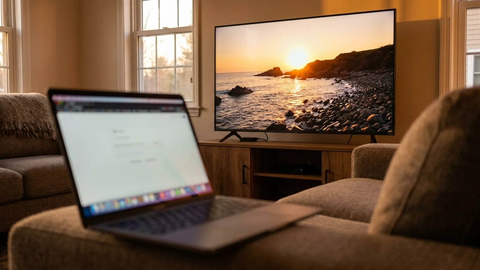 Photo of a MacBook sending a beam of light to a TV with a streaming dongle behind it