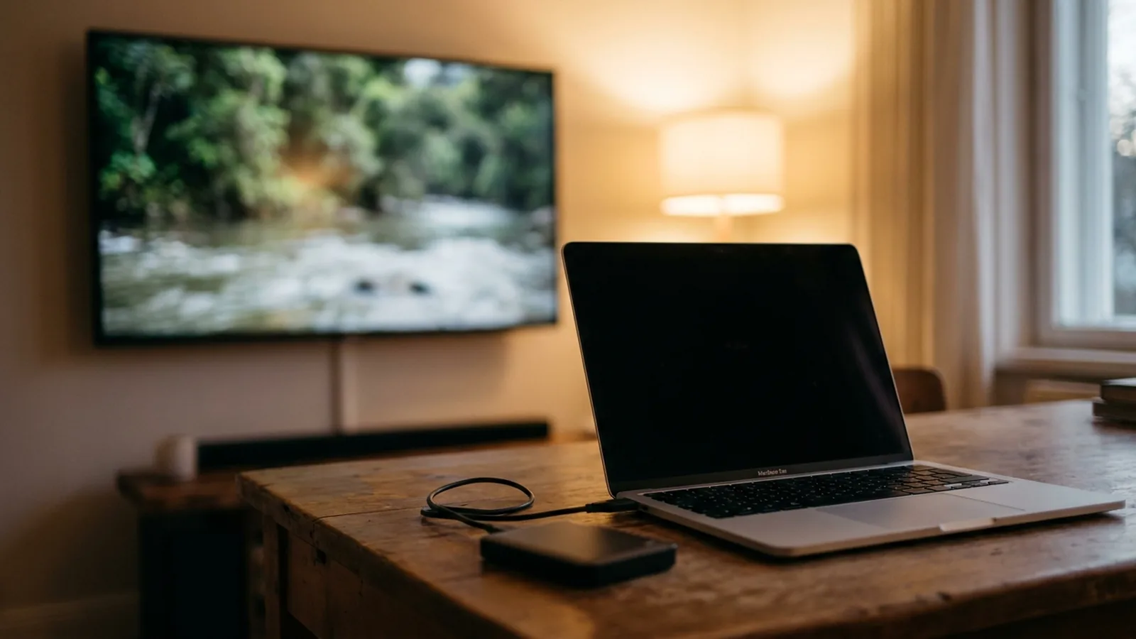 Photo of a MacBook on a desk with a portable hard drive plugged in and a TV playing a film in the background