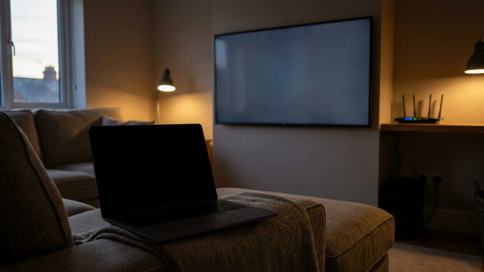 Photo of a MacBook showing an empty scanning circle, a TV in shadow and a glowing Wi-Fi router
