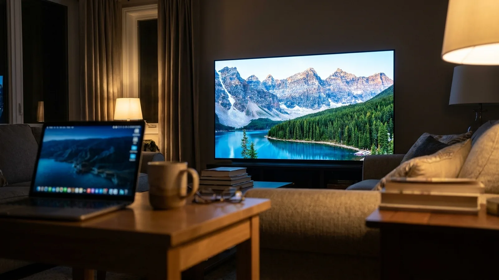 Photo of a 4K TV showing a mountain landscape with a magnified grid of pixels in one corner