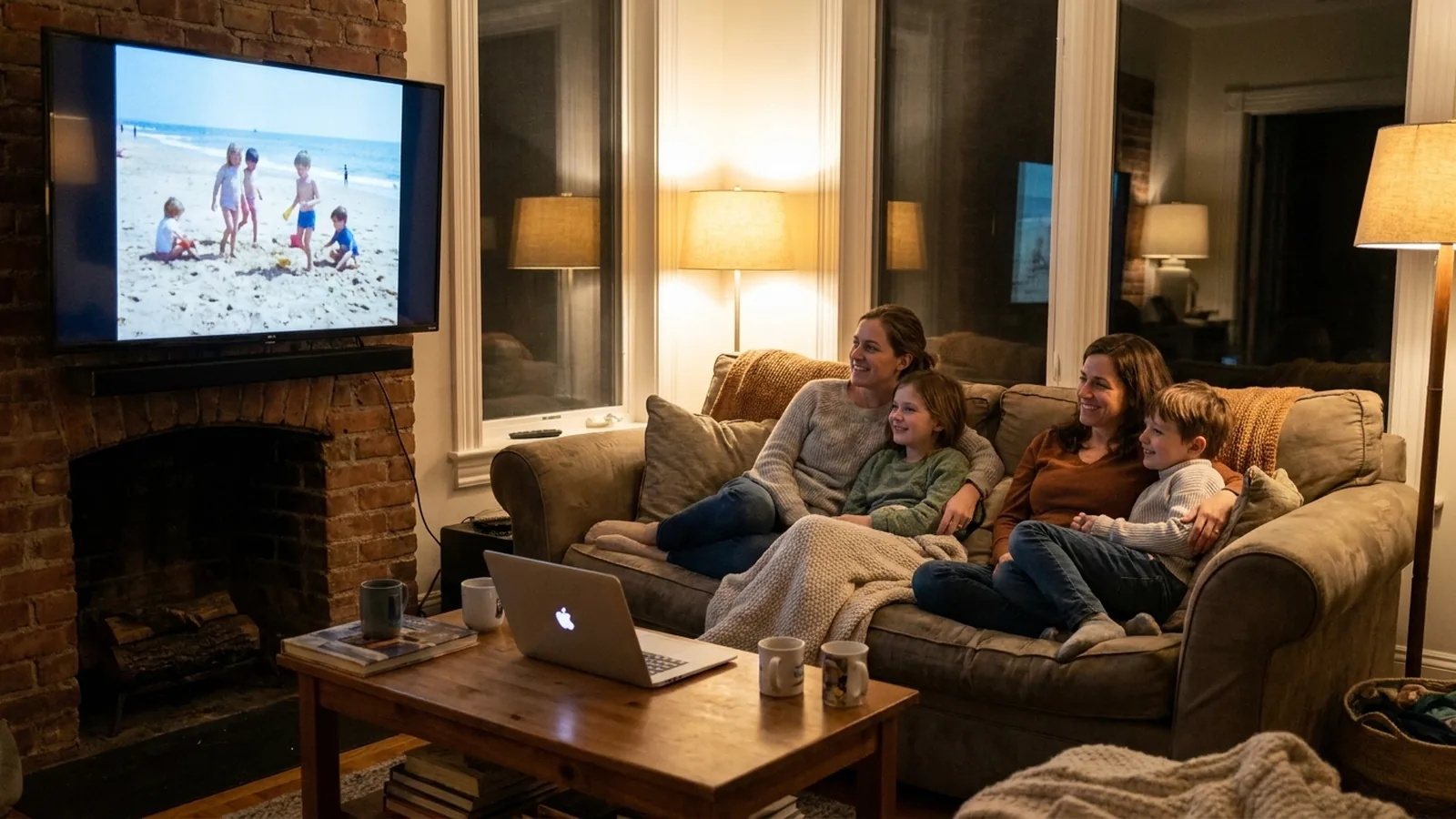 Photo of a family on a sofa watching a home video on a wall TV, a MacBook open on the coffee table