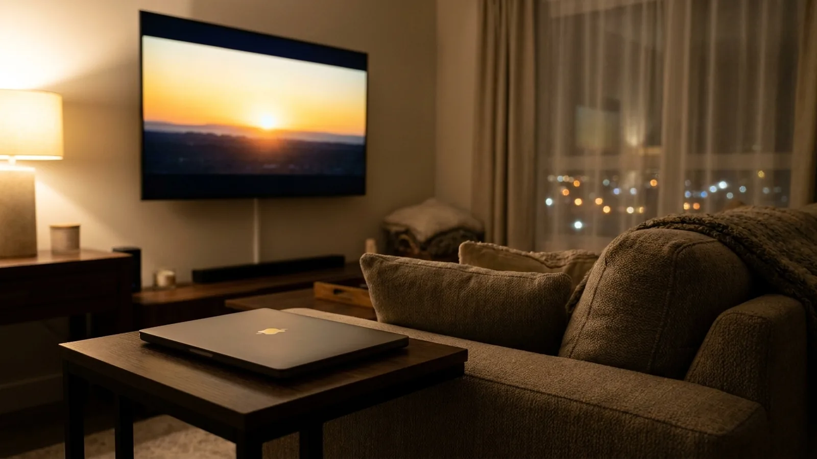 Photo of a closed MacBook at night with a thin glowing line flowing to a TV playing a sunset