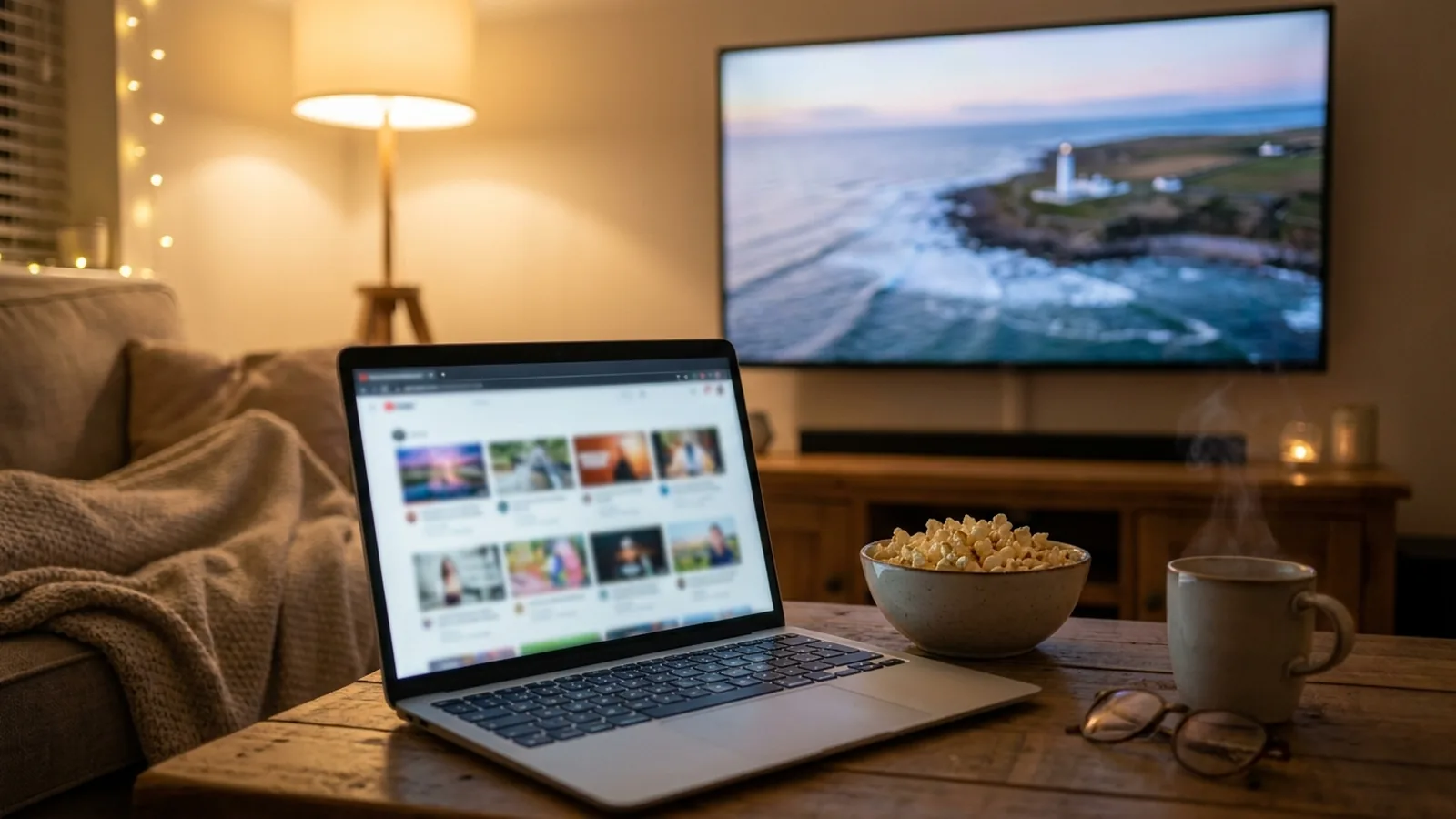 Photo of three floating film cards drifting from a MacBook toward a wall TV