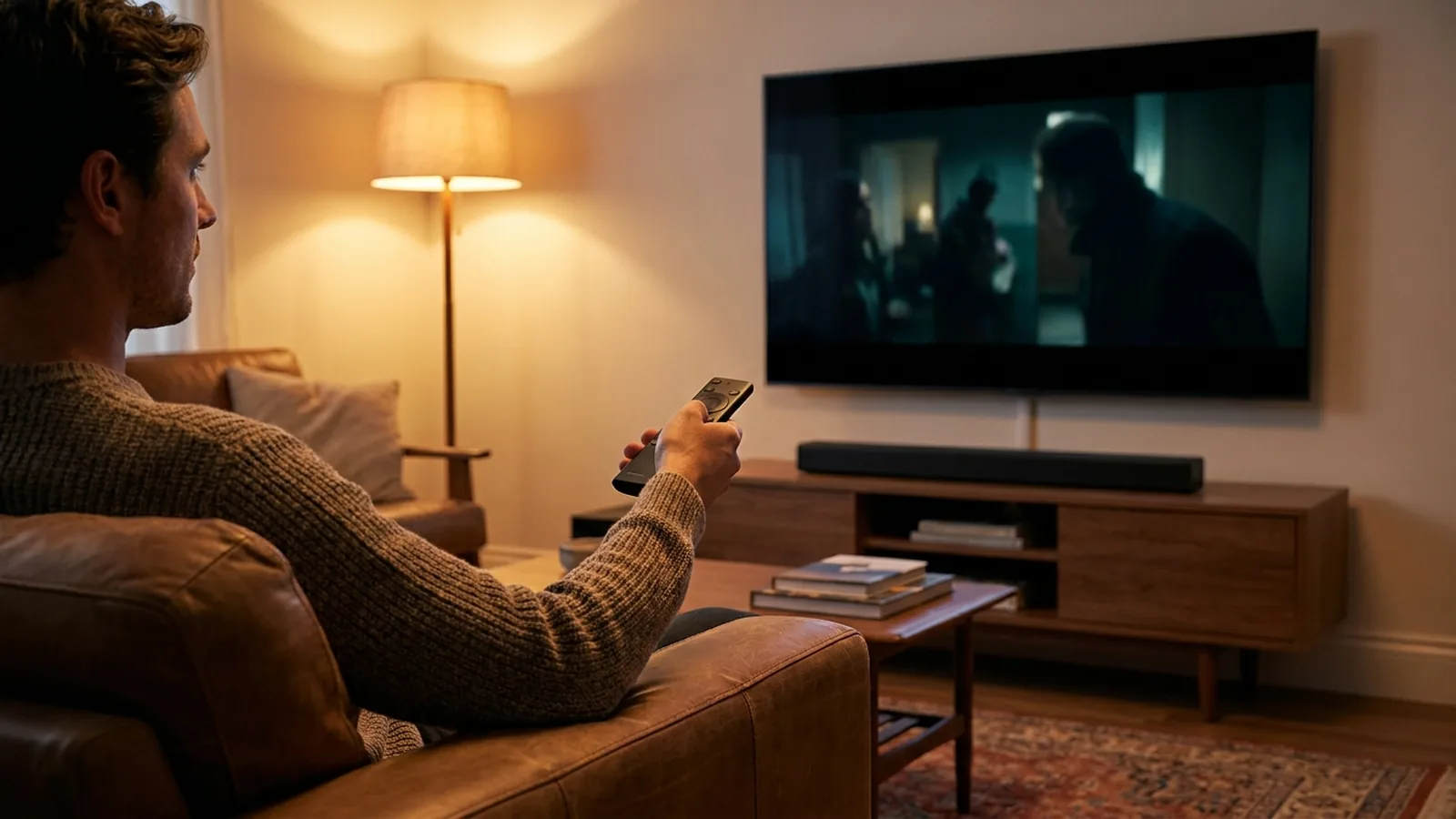 Photo of a living room TV with a soundbar beneath it and a person on the sofa adjusting the volume with a remote