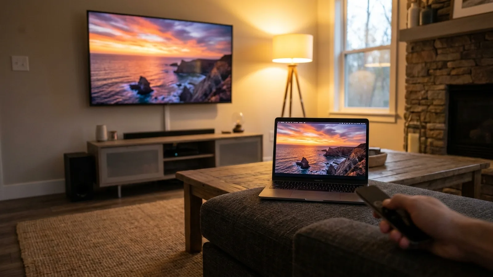 Photo of a living room where a MacBook and a wall TV glow with the same coastal sunset scene