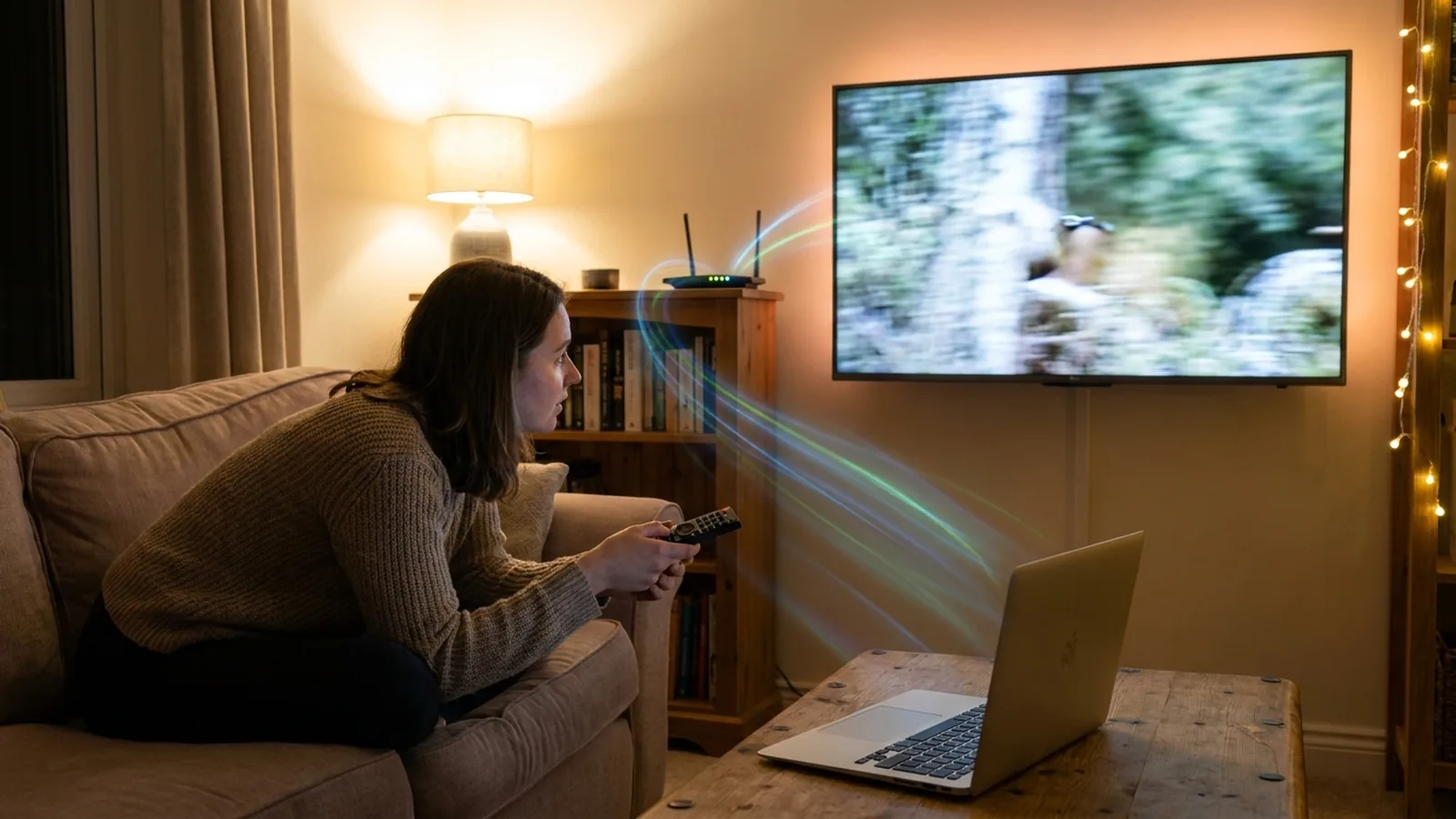 Photo of a TV with a frozen, fragmented picture and a router with weak signal waves behind it