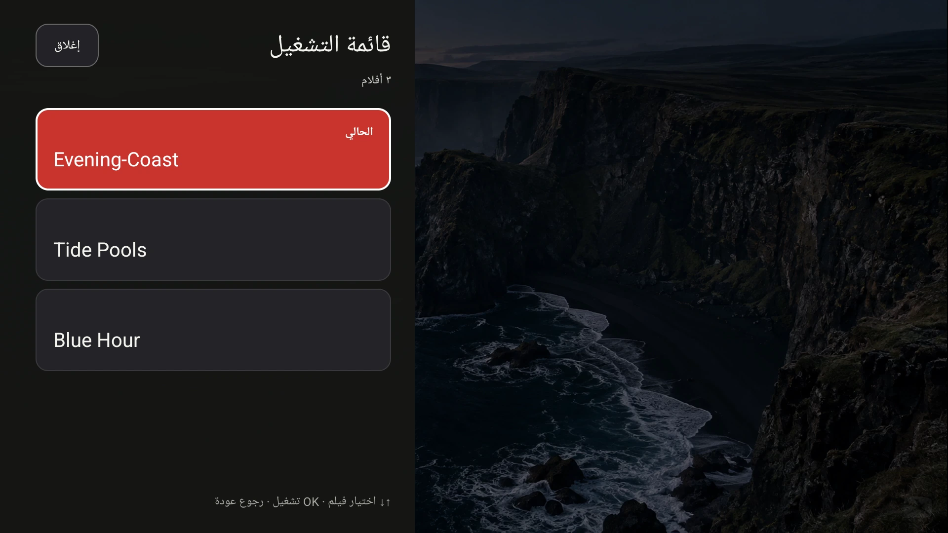 قائمة تشغيل Google TV الخاصة بـ Fast TV، تعرض Evening Coast ومقطعي فيديو تجريبيين محليين آخرين