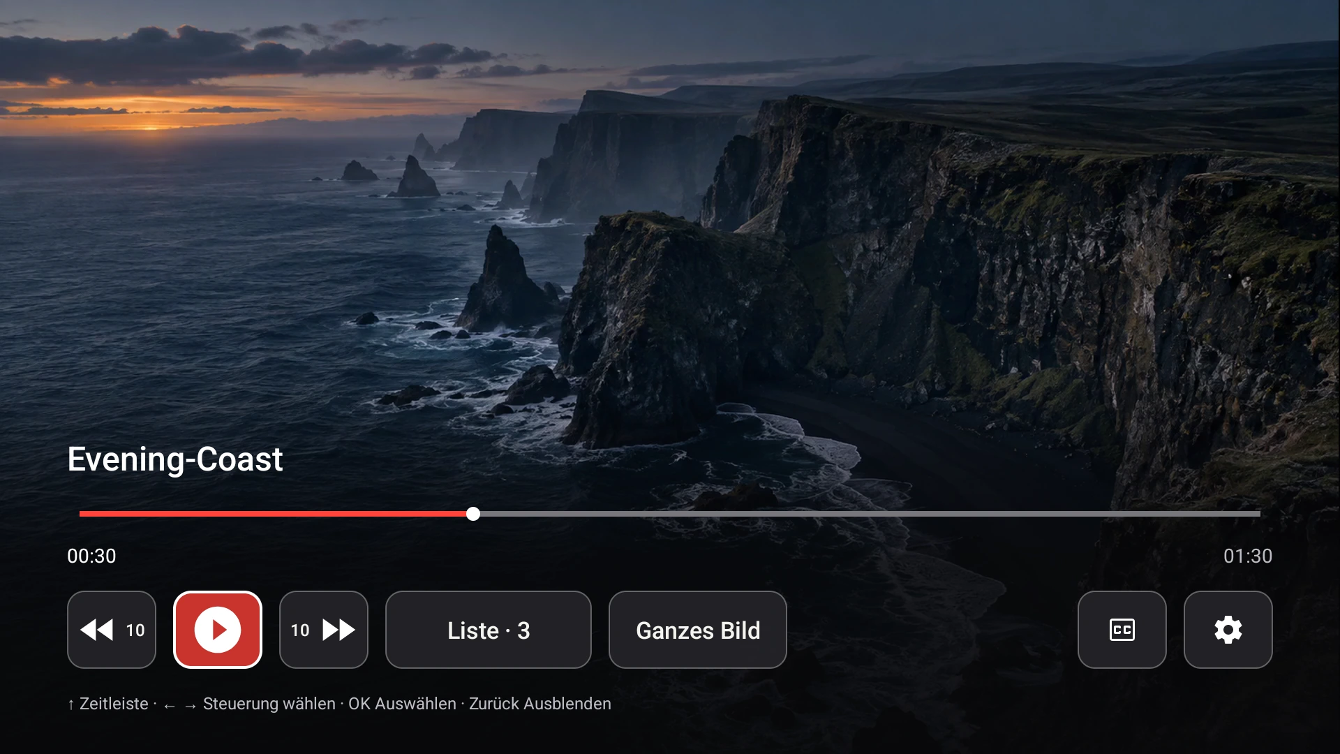 Der Fast TV-Receiver spielt ein Demo-Video auf Google TV ab, wobei die CC-Steuerung in der Steuerungsleiste verfügbar ist