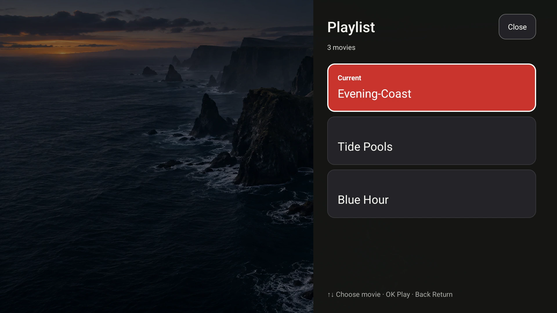 The Fast TV receiver on Google TV showing a playlist of three local demo videos, with Evening Coast marked as current