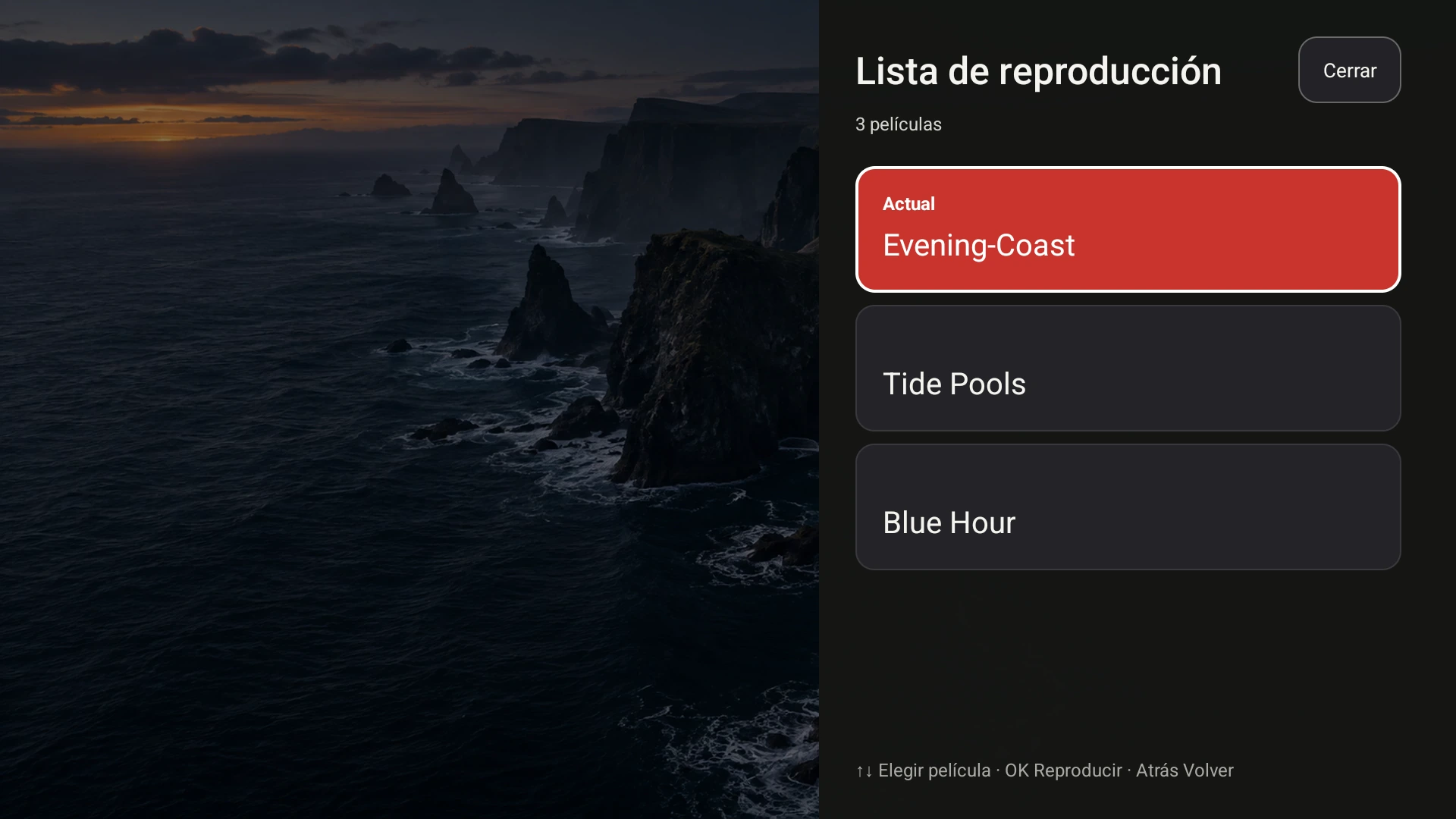Lista de reproducción de Fast TV en Google TV, mostrando Evening Coast y dos videos de demostración locales más