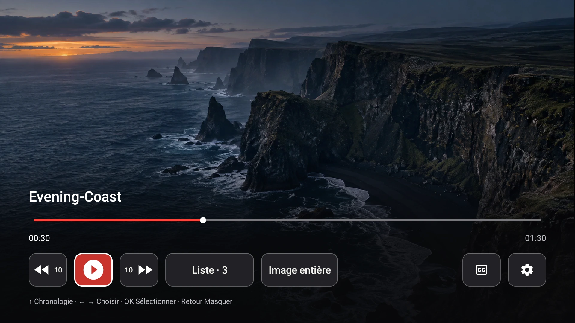 Le Récepteur Fast TV lisant une vidéo de démonstration sur Google TV, avec le contrôle CC disponible dans la barre de contrôle