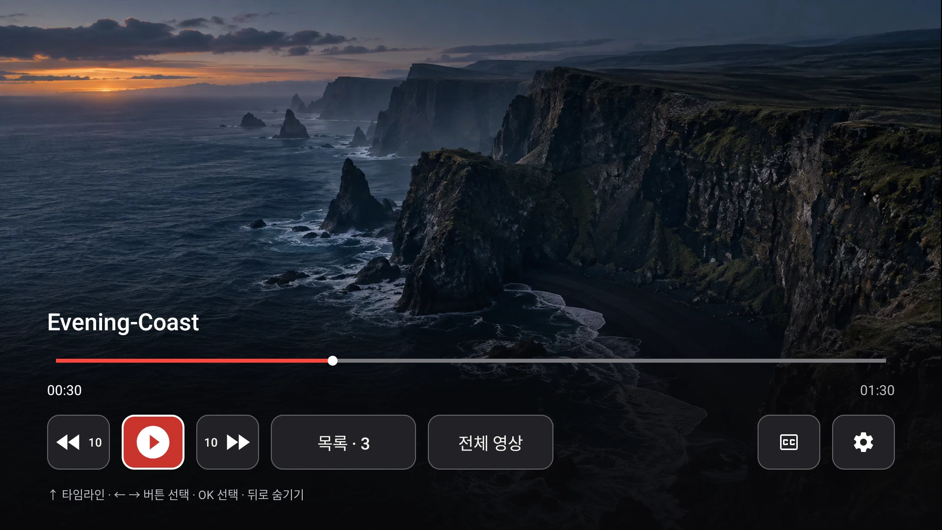 제어 행에 CC 제어가 제공되며 Google TV에서 데모 비디오를 재생하는 Fast TV 수신기
