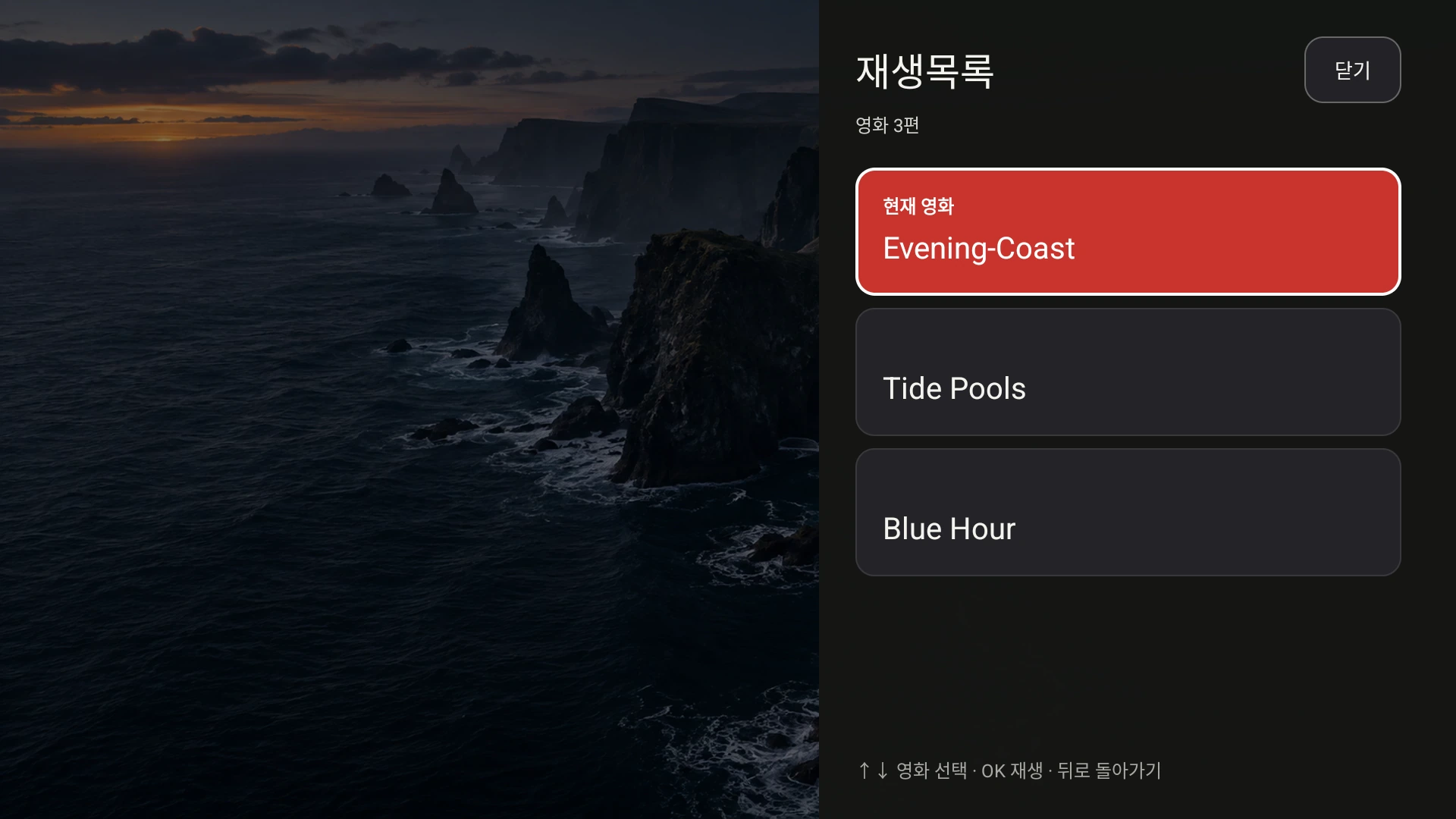 Evening Coast 및 두 개의 다른 로컬 데모 동영상을 보여주는 Fast TV의 Google TV 재생목록