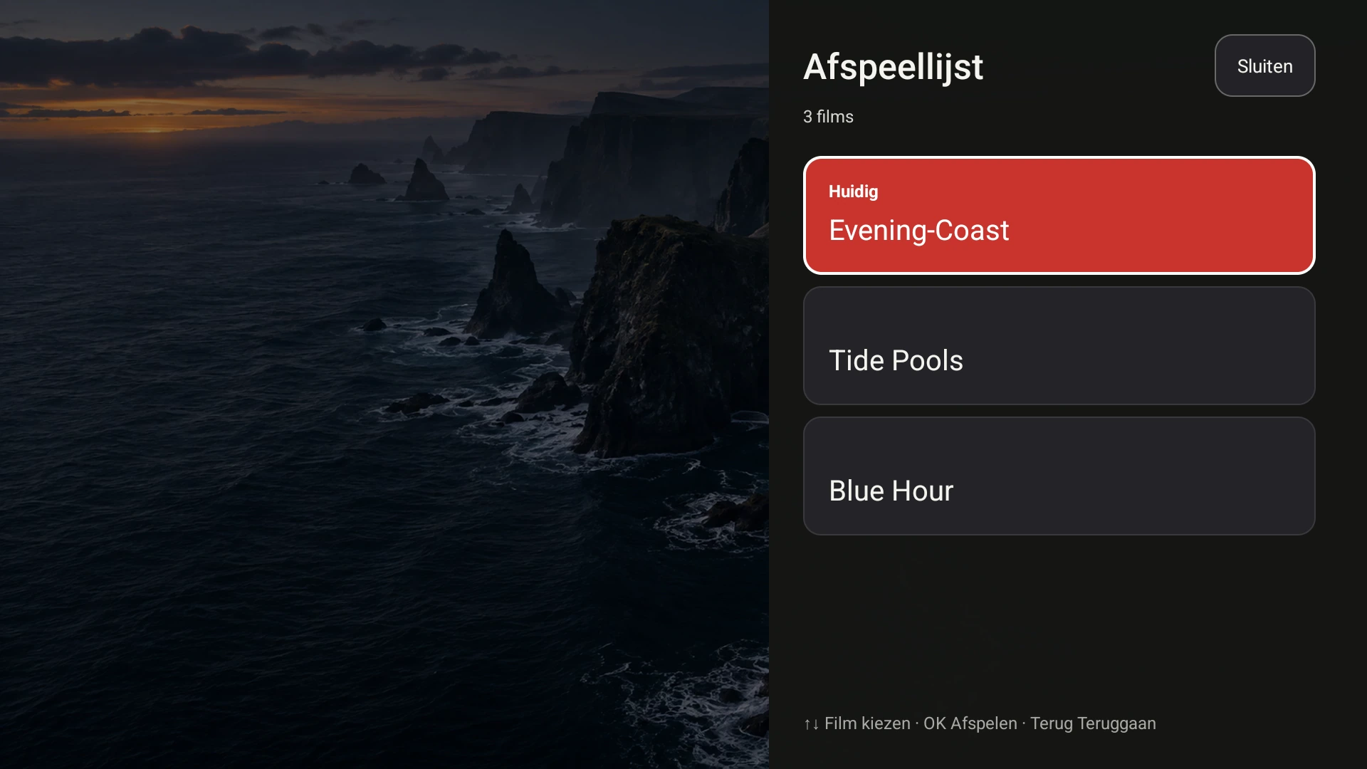 De Google TV-afspeellijst van Fast TV, met Evening Coast en nog twee lokale demovideo's