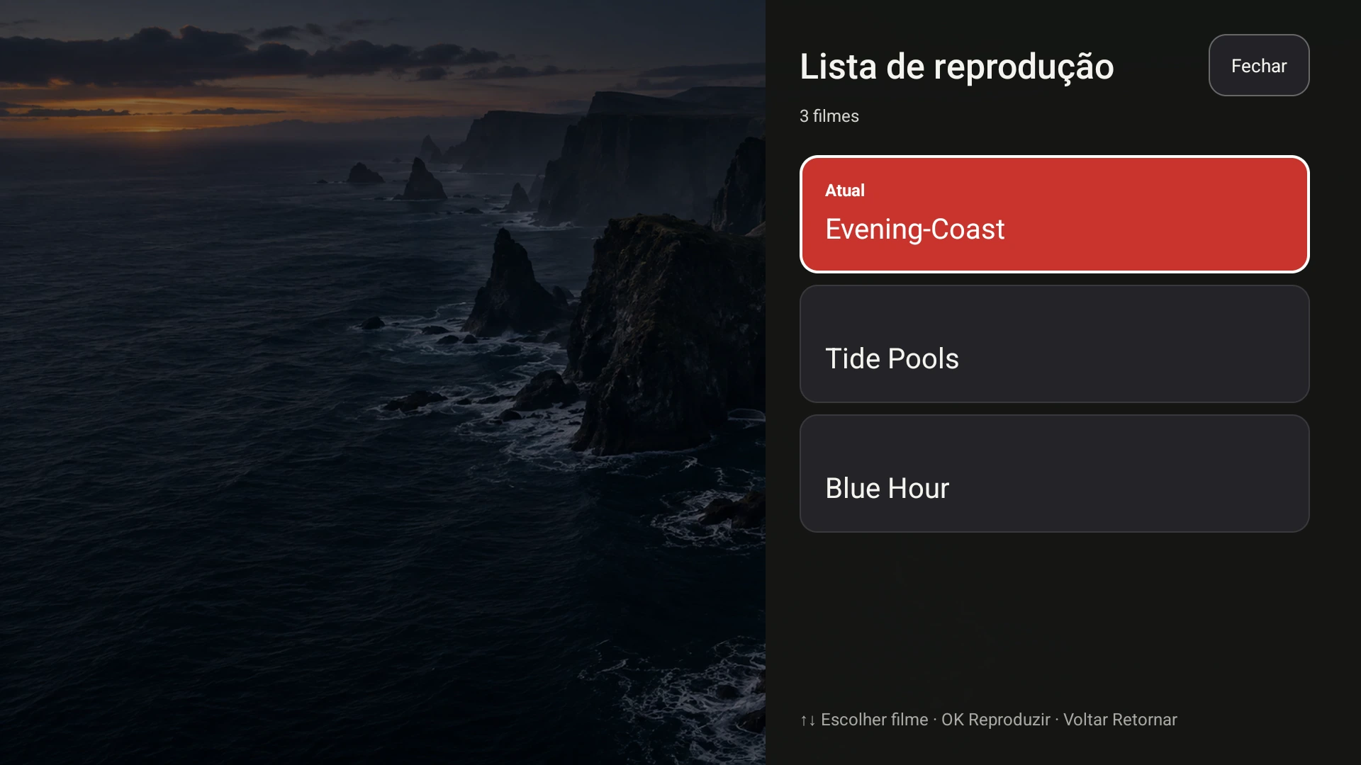 Playlist do Fast TV no Google TV, mostrando Evening Coast e mais dois vídeos de demonstração locais