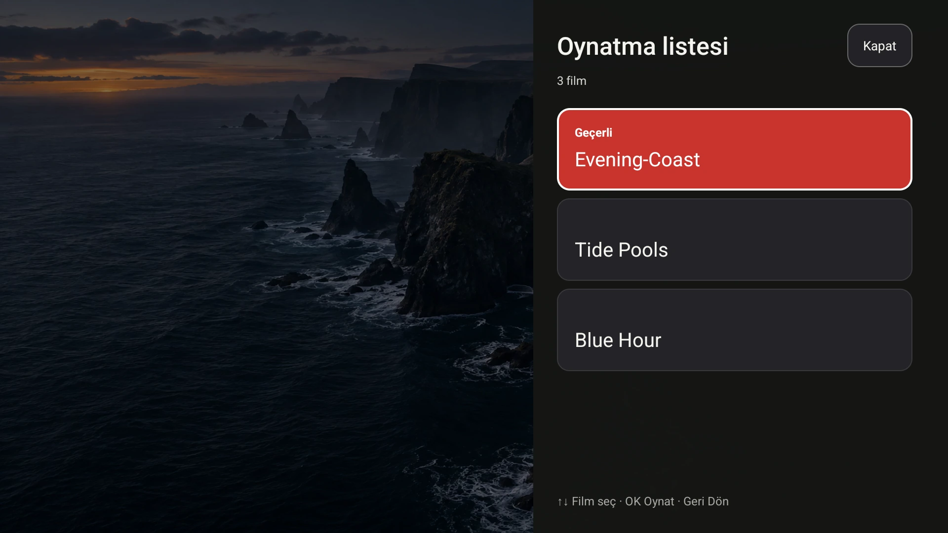 Fast TV'nin Google TV oynatma listesi, Evening Coast ve iki yerel demo videosunu daha gösteriyor